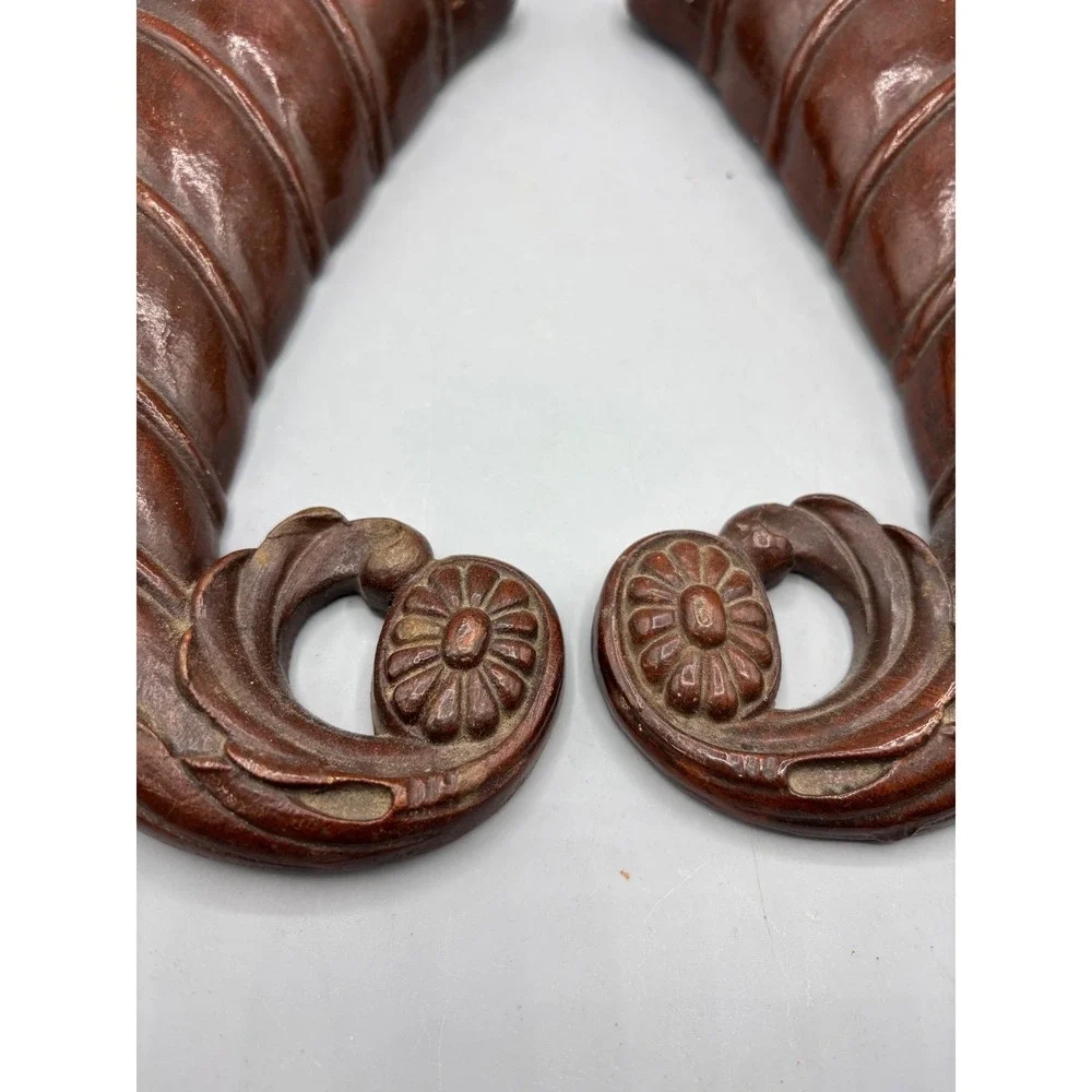 Vintage Syroco Wood Cornucopia‎ Wall Pockets Pair Brown Resin Decor